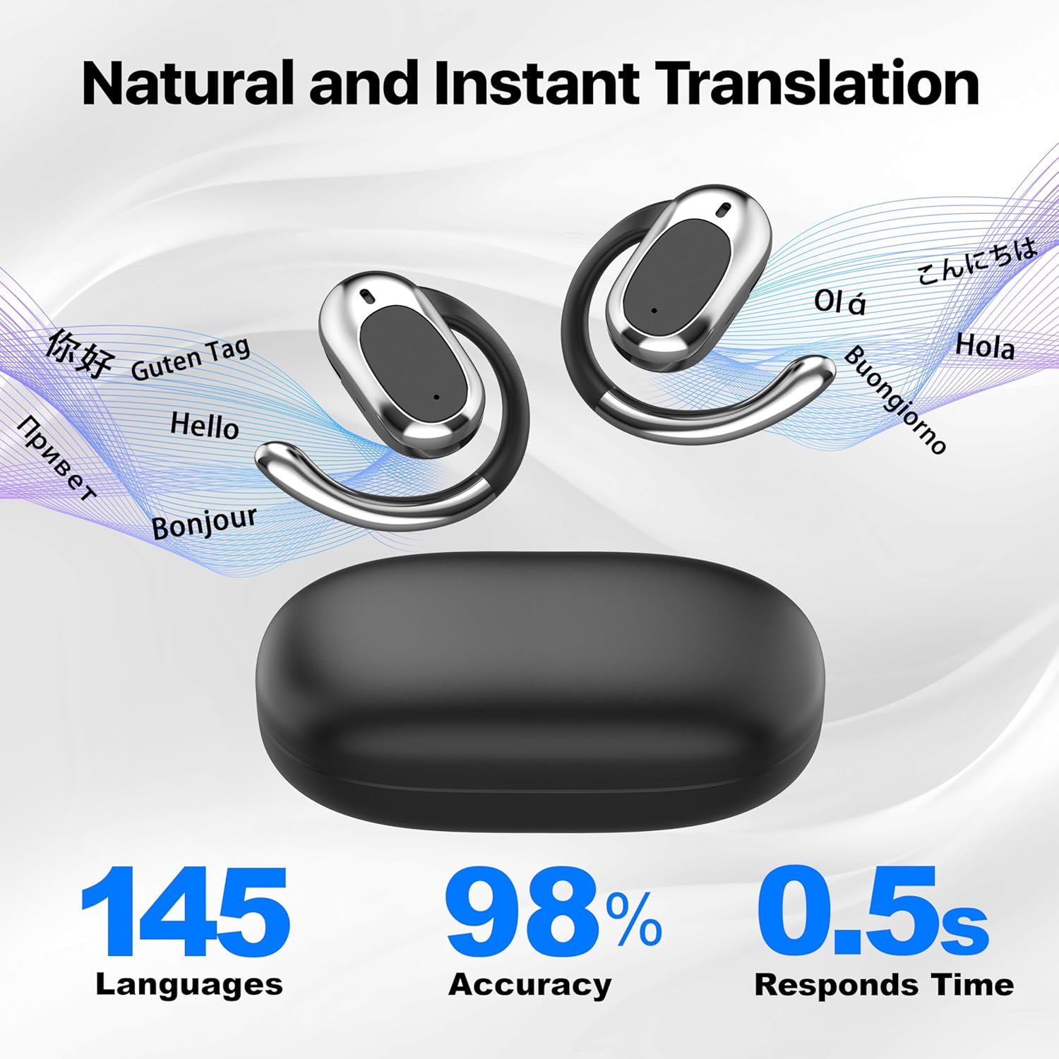 Black Real Time Translation Earbuds, AI Language Translator Earphone 3-in-1 Accents & Long Battery Life Translation Earbuds OWS 144 Languages & 8 Offline for Travel Business,Black